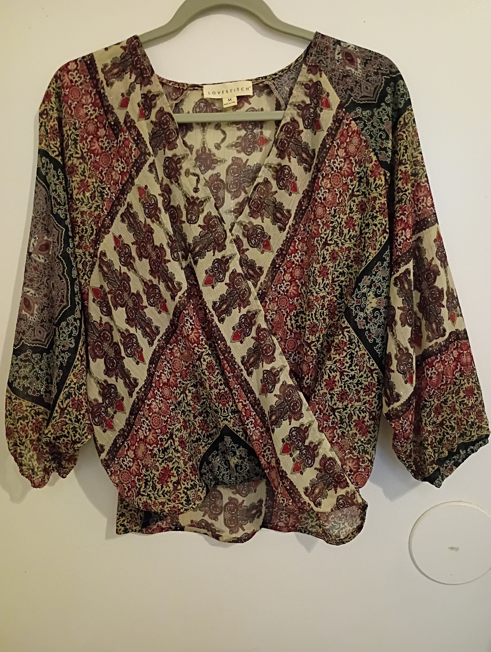 Lovestitch Women's Mixed Print Surplice Blouse in Multi-Color Sz M